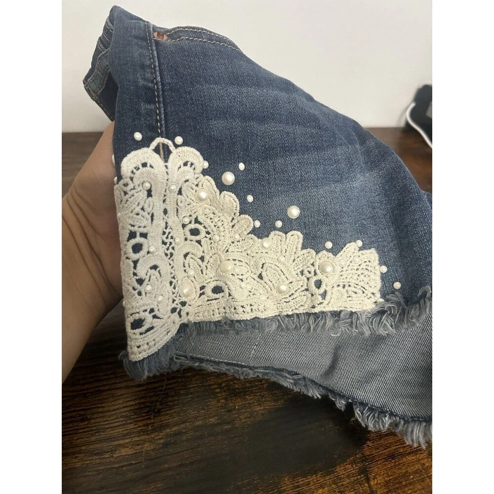 Girls Blue Denim Jean Shorts White Lace Trim & Pearl Accents Size 5 Years